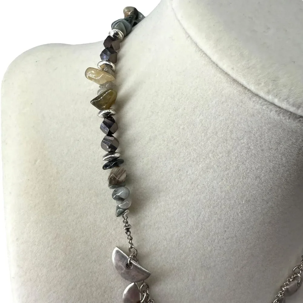J. Jill Tassel Necklace Beaded Stone Silver Tone Faceted Charm Boho Long 36” NWT - Picture 3 of 9